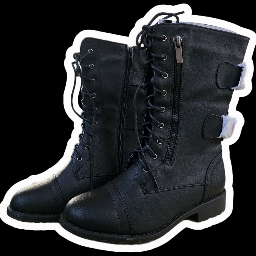TOP Moda Women's Black Lace Up Military Combat Boots with Zipper